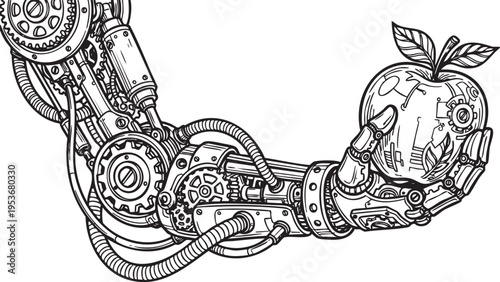 Robotic arm holding a technologically enhanced apple, symbolizing the fusion of automation, nature, and future health