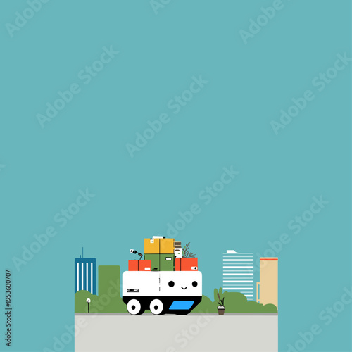 Minimalist Flat Vector of a Friendly Puffy Delivery Robot in the City
