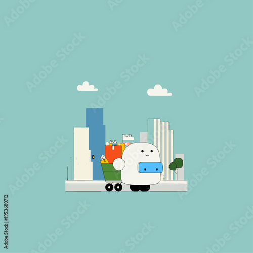 Minimalist Flat Vector of a Friendly Puffy Delivery Robot in the City