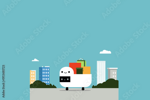 Minimalist Flat Vector of a Friendly Puffy Delivery Robot in the City