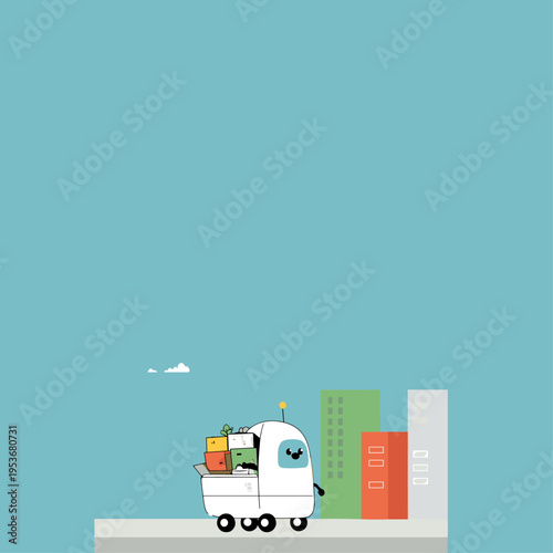 Minimalist Flat Vector of a Friendly Puffy Delivery Robot in the City