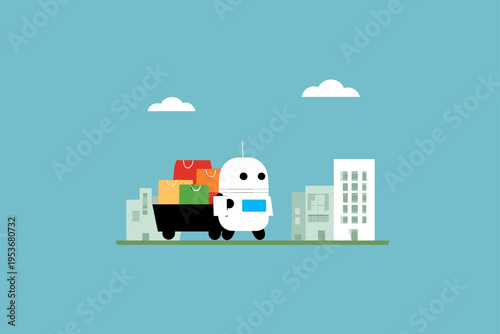 Minimalist Flat Vector of a Friendly Puffy Delivery Robot in the City