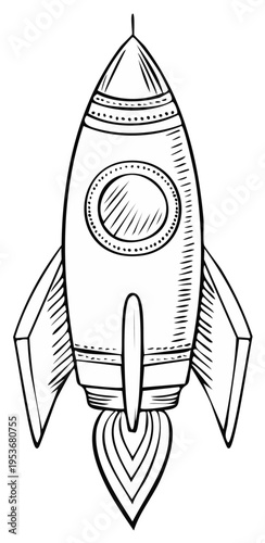 Retro cartoon rocket ship blasting off with stylized flames and a round window, black and white illustration.