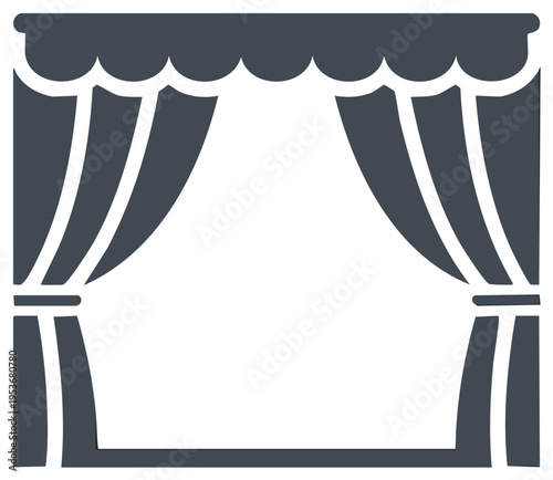 Open stage curtains with decorative valance revealing an empty performance area icon