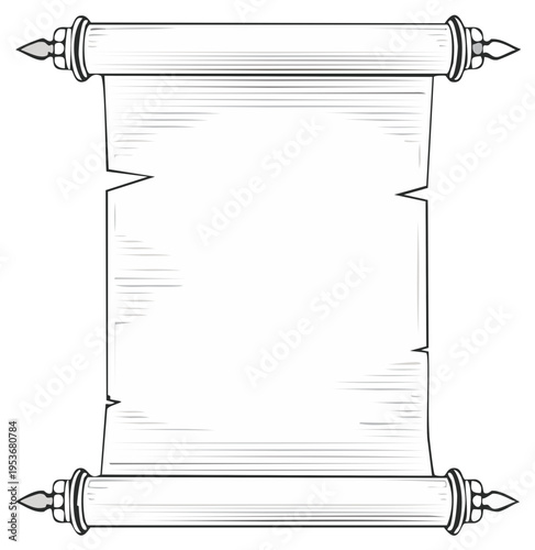 Vintage blank scroll manuscript with ornate handles in a line art engraving style