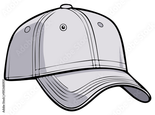 Illustrated baseball cap angled view, detailed outline, graphic design style, headwear item