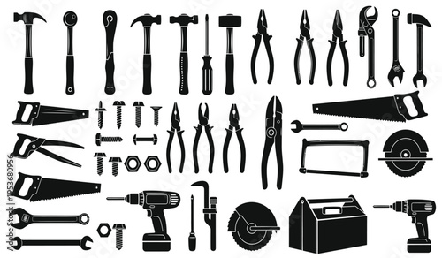 Silhouette of various tools and equipment in a grid layout showcasing a collection of hardware and machinery silhouette