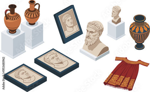 Ancient Greek Roman artifacts vector set, pottery sculpture clothing illustration, historical museum design, classical art heritage concept