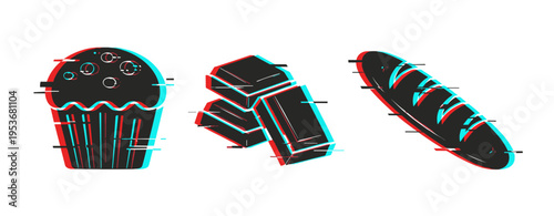 Muffin chocolate and baguette food icons on white background. Glitch effect