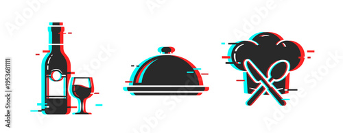 Food and beverage icons shown with glitch style on white background. Glitch effect
