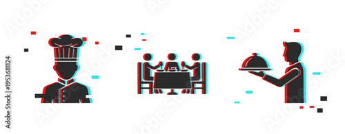 Chef waiter and diners shown in restaurant icon set with glitch effect. Glitch effect