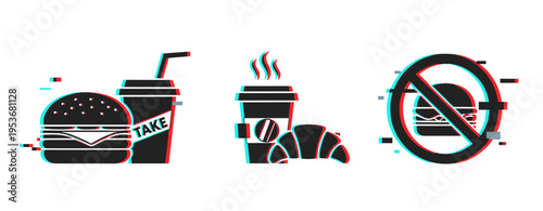 Fast food icons showing takeout items and prohibition sign on white. Glitch effect