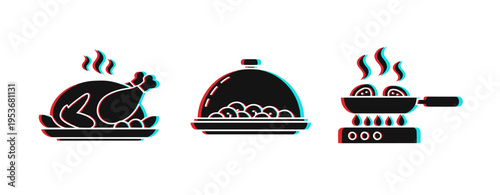 Cooked poultry and prepared dishes icons on white background. Glitch effect