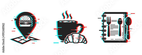 Food location coffee breakfast menu icons on white background. Glitch effect