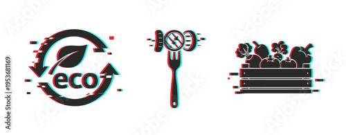 Eco food icons showing sustainable produce and nutrition on white. Glitch effect
