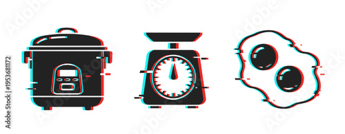 Kitchen appliances and fried egg displayed on white background. Glitch effect