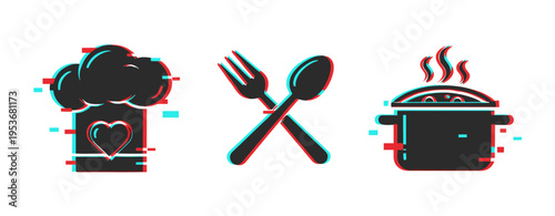 Cooking icons showing chef hat, utensils, pot on white background. Glitch effect