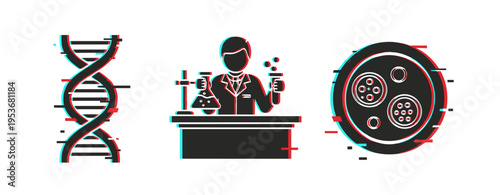 Dna helix beside scientist experimenting with petri dish on white background. Glitch effect