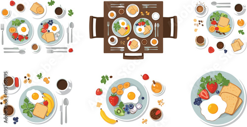 Breakfast Table Set with Eggs, Toast, Fruits and Coffee, Top View Food Compositions for Morning Meal, Restaurant Menu and Healthy Lifestyle Vector Illustration