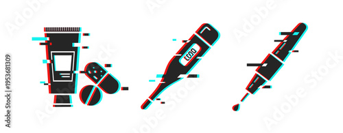 Medicine tube, digital thermometer, pipette shown on white surface. Glitch effect