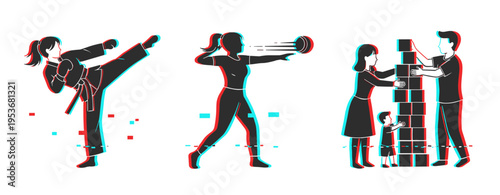 Woman kicking, athlete throwing and family stacking blocks together. Glitch effect