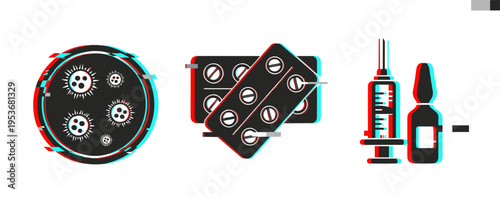 Medical symbols displaying microbes, pills, and injection icons. Glitch effect