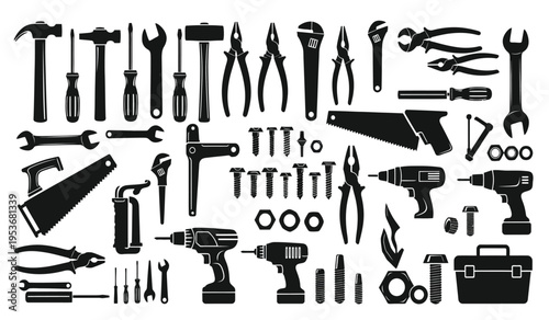 Silhouette of various tools and equipment in a single image