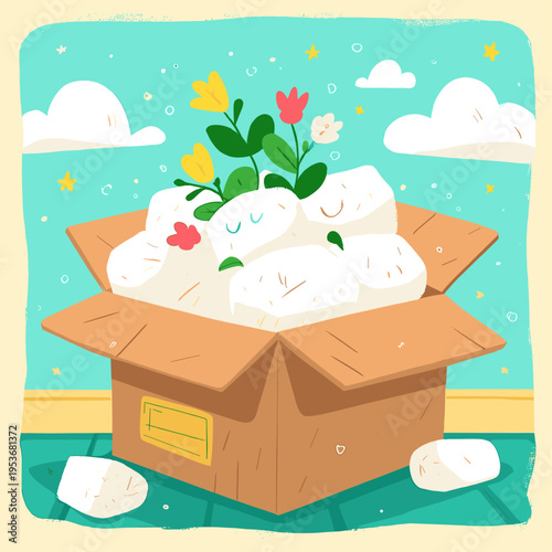 Minimalist Vector of Oversized Biodegradable Cardboard Box with Mycelium Foam