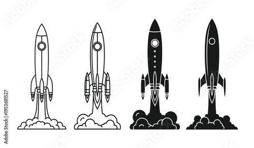 Four space rockets in various stages of launch silhouette and line art