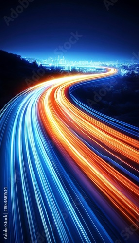 Long Exposure Night Photography of Expressway Traffic with Light Streaks Illustrating Urban Dynamics