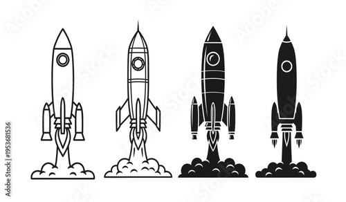 Four rocket silhouettes blasting off into space with flames and smoke silhouette