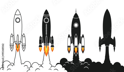 Four rockets in various stages of completion and launch depicted in silhouette and line art against a white background