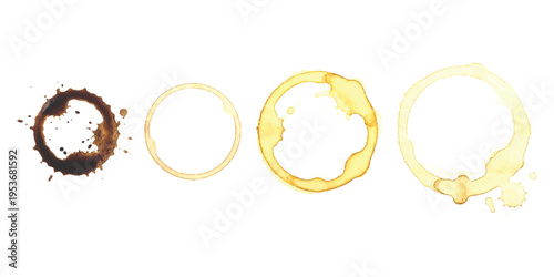 Set of realistic coffee cup stain rings drops and watercolor liquid splashes isolated vector illustration