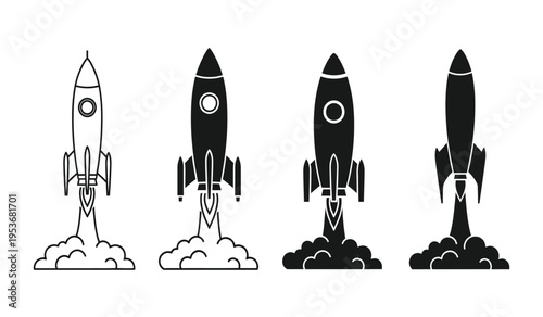 Four rocket silhouettes blasting off into space with varying levels of detail and shading silhouette