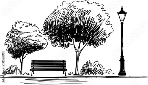 Black and white of a park scene with trees bench and lamppost outdoor