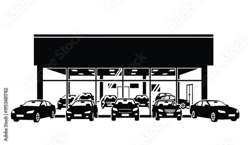 Silhouette of cars parked outside a building with large windows and a black awning silhouette