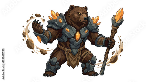 Earth Element Grizzly Bear Warrior, Fantasy Druid Shaman Mascot Vector