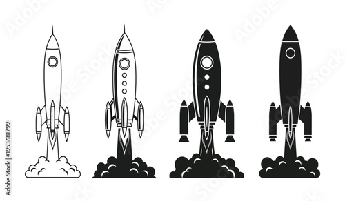 Four rocket silhouettes and one line drawing taking off into space in various stages of ascent silhouette