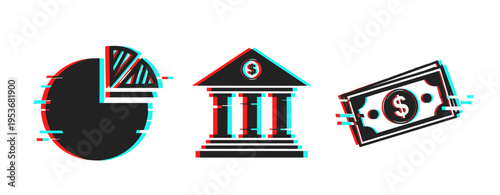 Abstract finance symbols: pie chart, bank, and currency in glitch art style