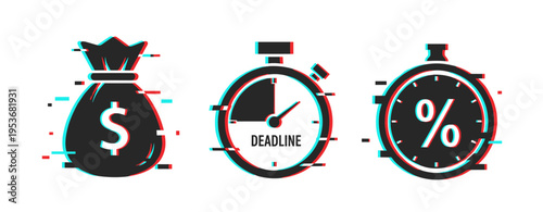 Abstract concept of money, deadline, and percentage with glitch effect