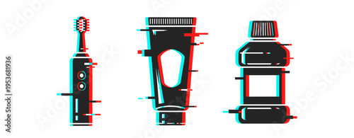 Glitch art of electric toothbrush, toothpaste, and mouthwash bottles on white background