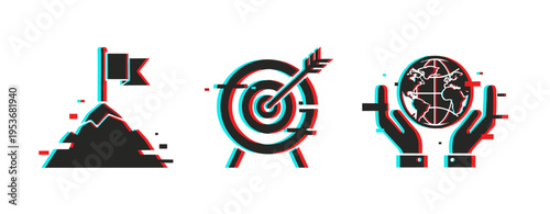 Abstract icons: mountain, target, globe in glitch style