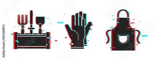 Glitch art style gardening tools with gloves and apron icons
