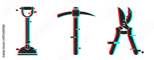 Anaglyph garden tools: shovel, pickaxe, shears in 3d effect