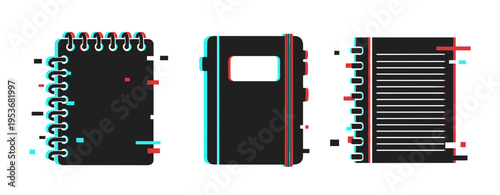 Abstract glitched notebooks: spiral and hard cover designs with lined pages