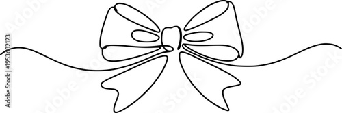 Black line bow tie with flowing ribbon tails white background simple