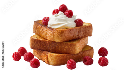 Slika na platnu Stack of golden French toast, topped with fluffy whipped cream and red raspberri