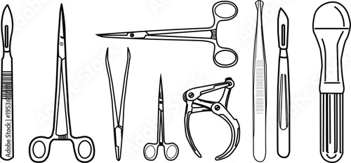 A collection of surgical tools and equipment