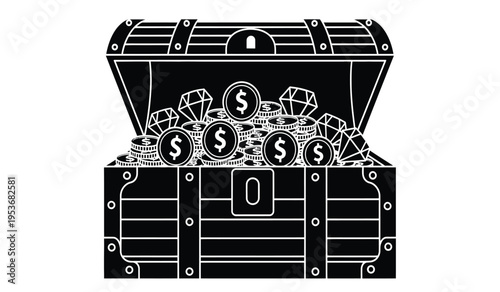 A silhouette of an open treasure chest filled with money and dollar signs