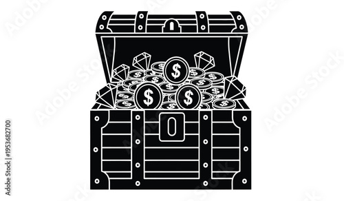 Silhouette of an open treasure chest filled with coins and dollar signs